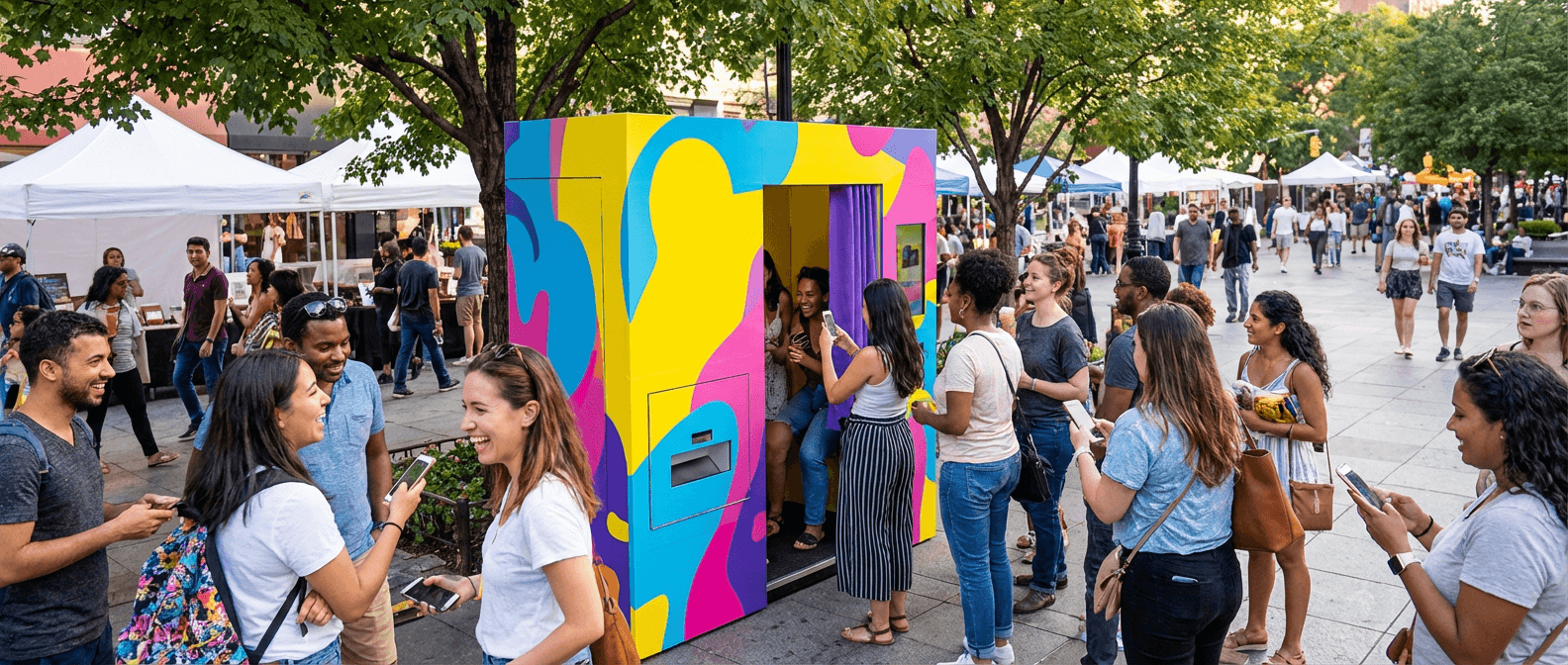戶外繽紛互動拍照亭引流活動，人群聚集參與品牌推廣及精準獲客，適用於香港零售與美容業活動統籌。