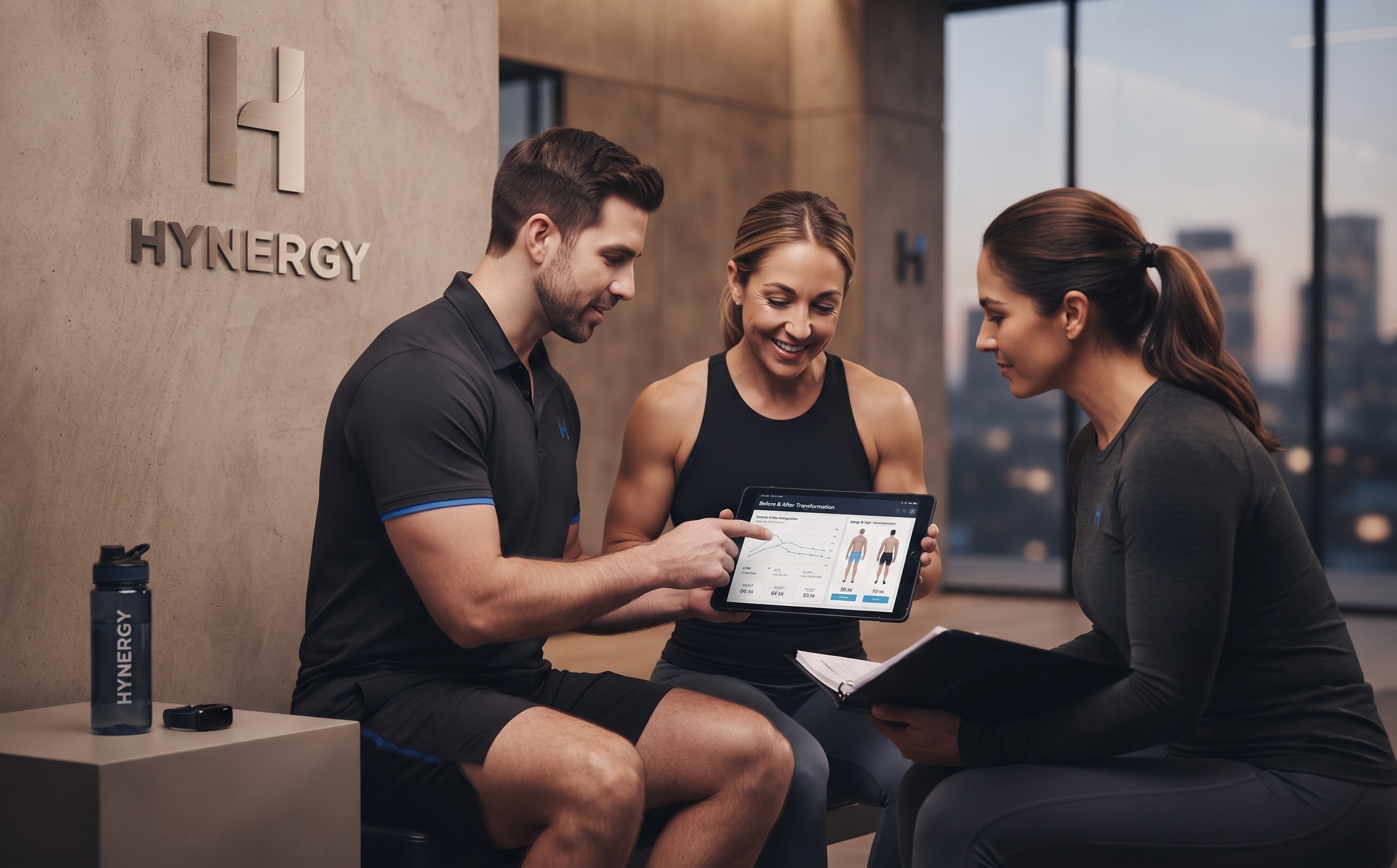 Hynergy fitness staff reviewing service agreements and client transformation data on a tablet during a consultation.