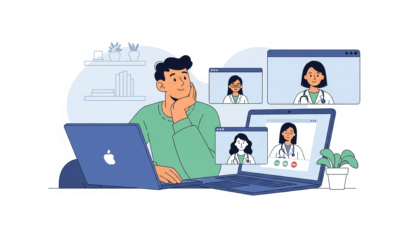 Clean, modern illustration showing a person sitting comfortably at home with a laptop, viewing multiple video call windows on screen representing different healthcare providers, calm and thoughtful expression, warm lighting, soft blue and green color palette, minimalist style, professional medical consultation setting, organized and reassuring atmosphere, no text or words