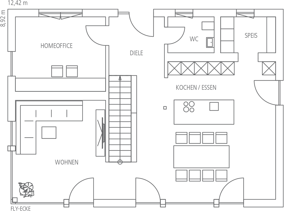 Grundriss eines modernen Einfamilienhauses mit Wohnen, Homeoffice, Diele, Kochen/Essen, Speis und WC.