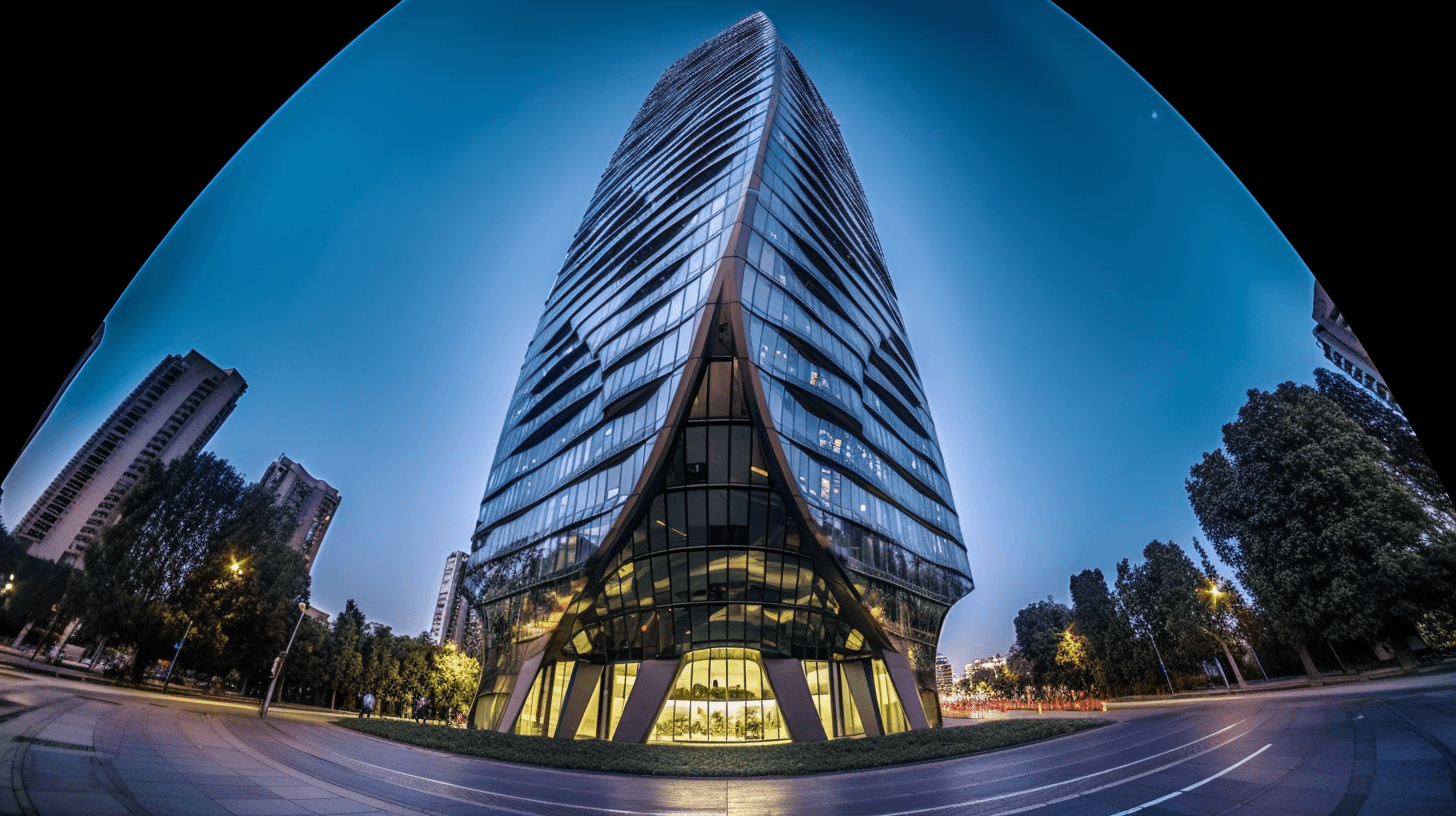Modern skyscraper with distinctive angular base and illuminated glass facade photographed at twilight with fisheye lens