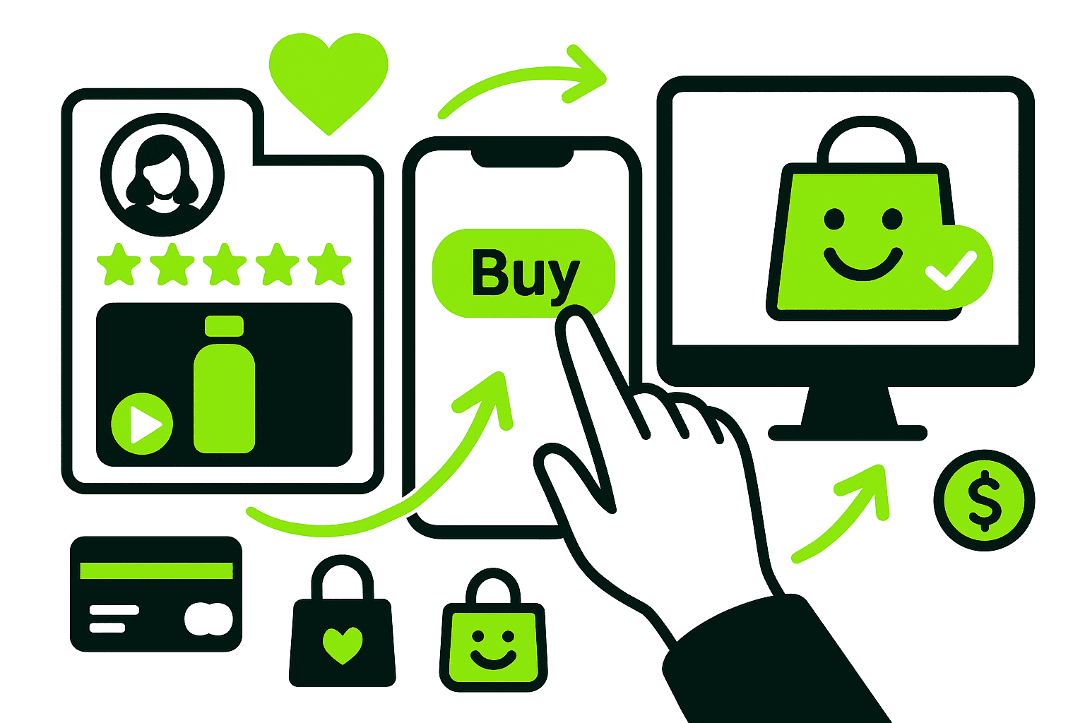 Illustration that shows how UGC, customer feedback, and reviews inspire clicks on the "Buy" button.