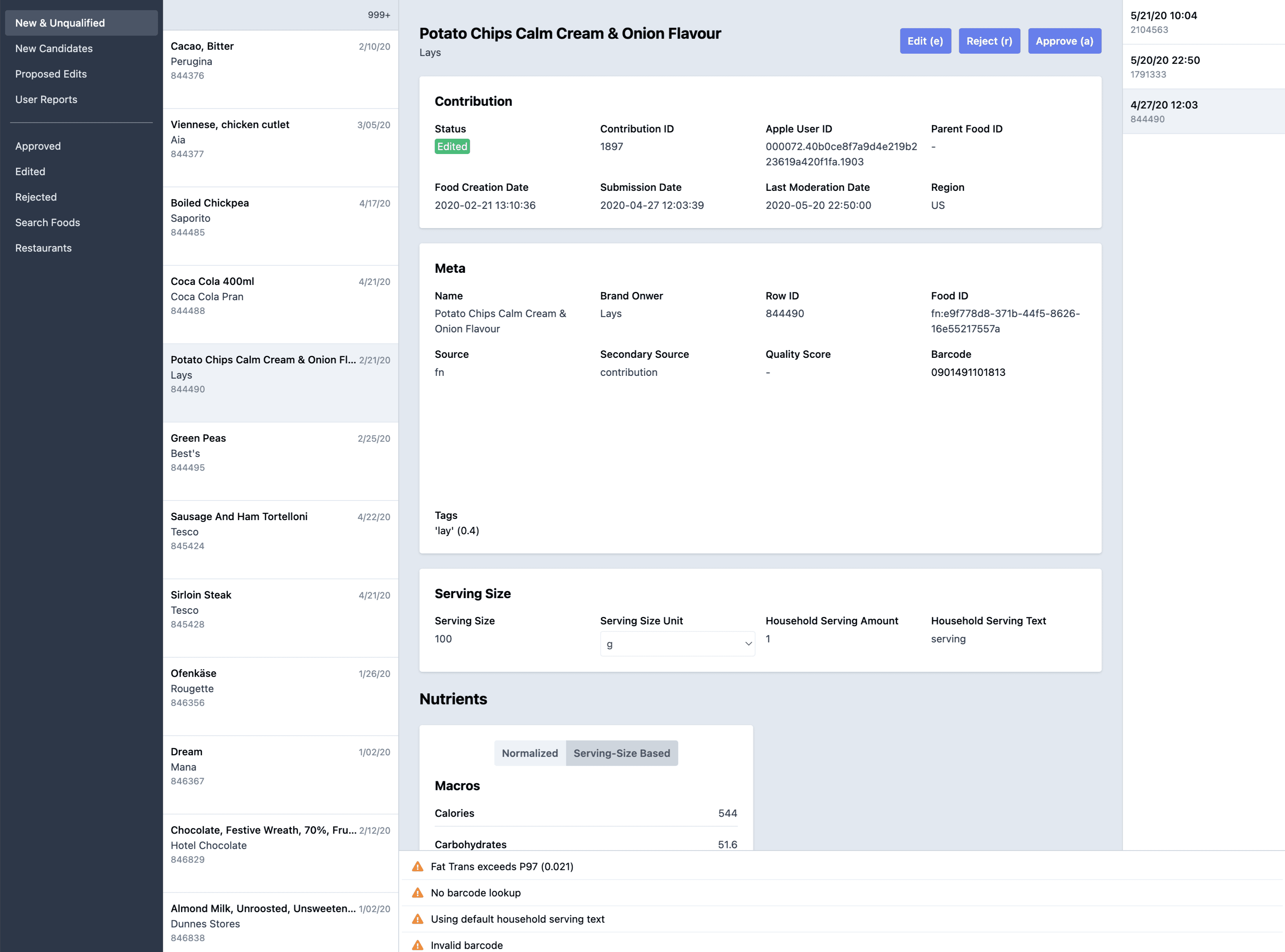 Screenshot of the old moderation tool showing a single food with warnings at the bottom.