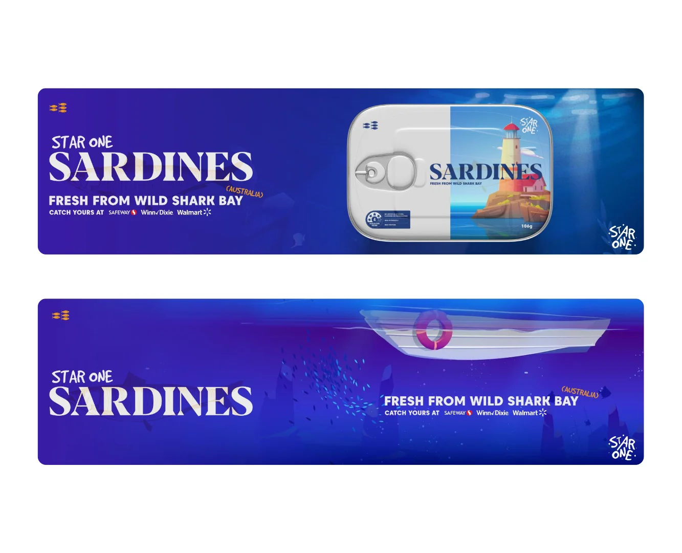 Alt Text: Professional wide-format banner advertisements for Star One Sardines by Subiaco studio Made by Campfire, featuring a custom 3D tin mockup and illustrative coastal themes.