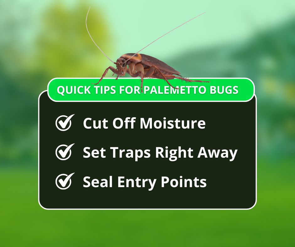 An infographic titled "Quick Tips for Palmetto Bugs" featuring a cockroach atop a checklist with three tips: Cut Off Moisture, Set Traps Right Away, and Seal Entry Points.