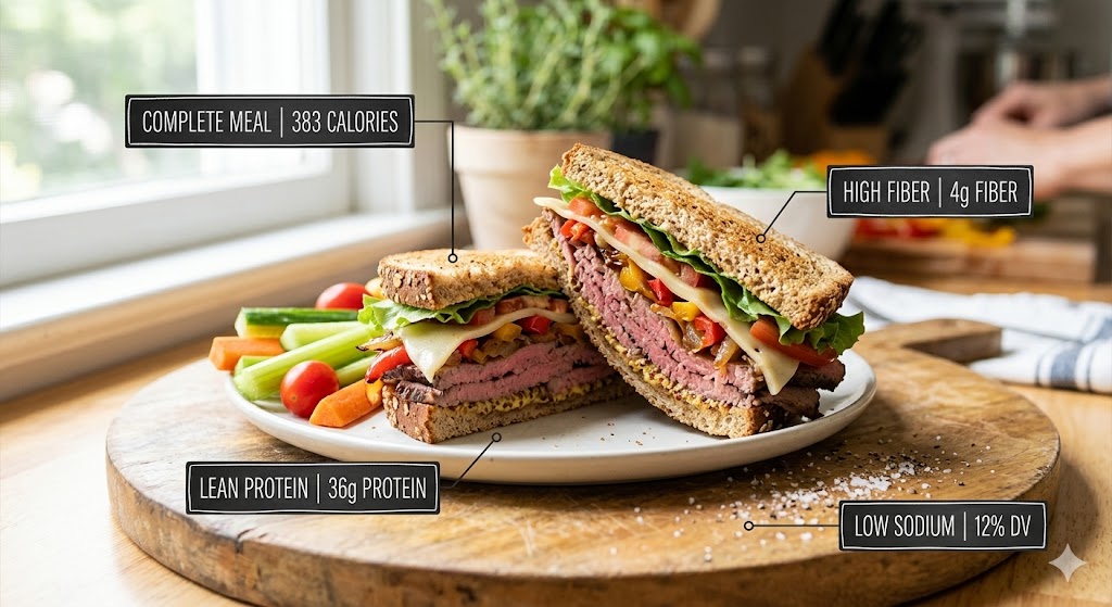 A healthy, homemade roast beef sandwich on sprouted whole wheat bread, cut diagonally and served on a wooden plate with a side of fresh vegetable sticks. Small infographic callouts highlight key nutrition facts including 383 calories, 36g protein, 4g fiber, and low sodium.
