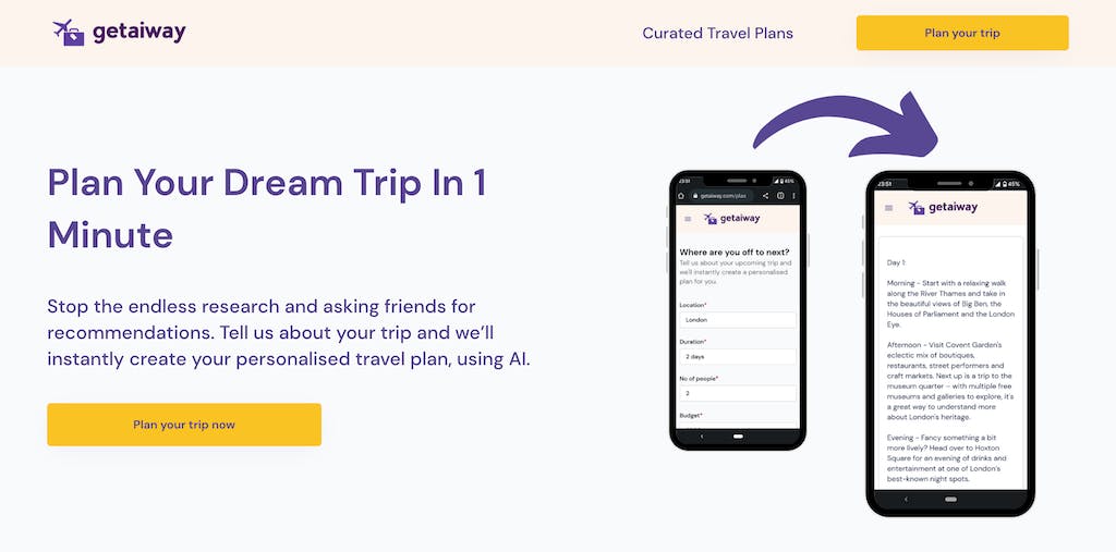 Getaiway is a no code travel planning app that was built on Bubble.io