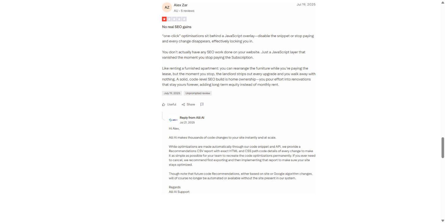 One-star Trustpilot review saying Alli AI's changes disappear when you stop paying, with Alli AI's reply recommending a CSV export before cancelling