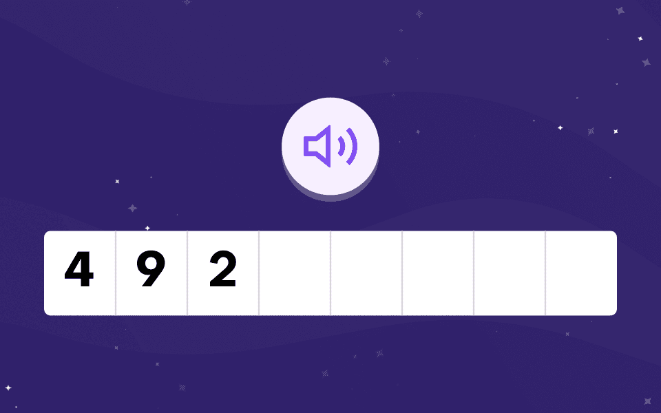 Talamo test screen, Numbers Reversed (Memory): a listen button above answer boxes where the pupil has typed 4, 9, 2.
