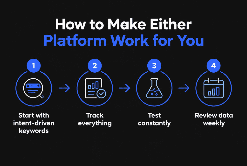 Infographic of four steps to make Google Ads or Microsoft Advertising work: intent-driven keywords, track everything, test constantly, review data weekly