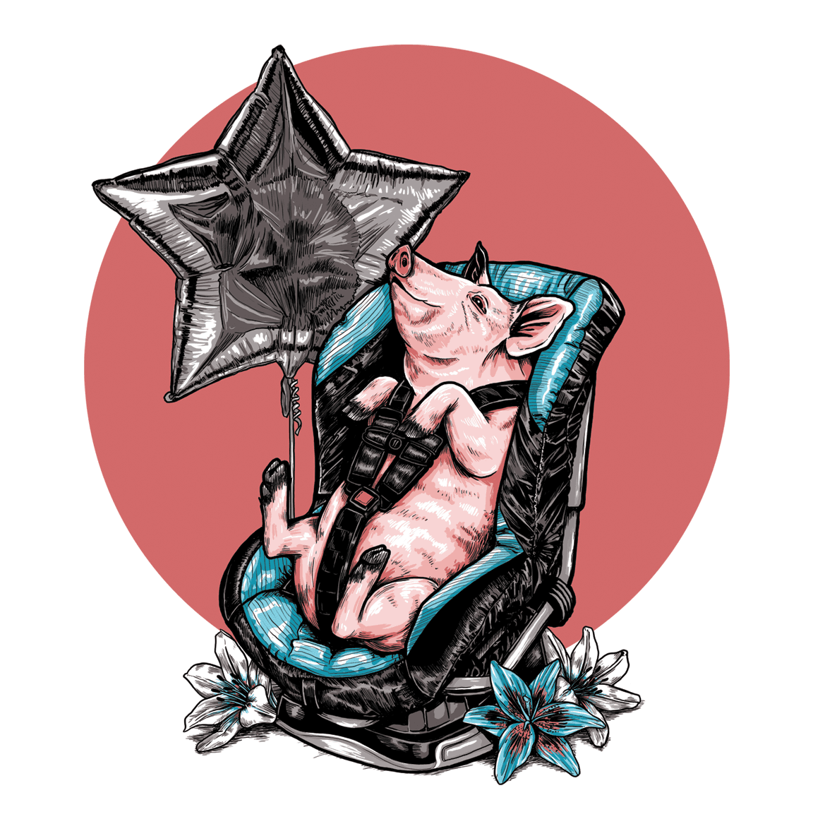 An illustration of a smiling pig in a child’s car seat. A star shaped foil balloon is tied to the seat with blue and white flowers laying around the base