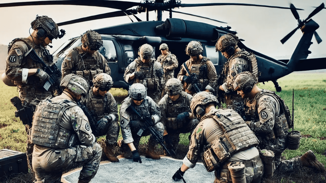 Soldiers gathered around map for tactical briefing beside UH-60 in grassy field