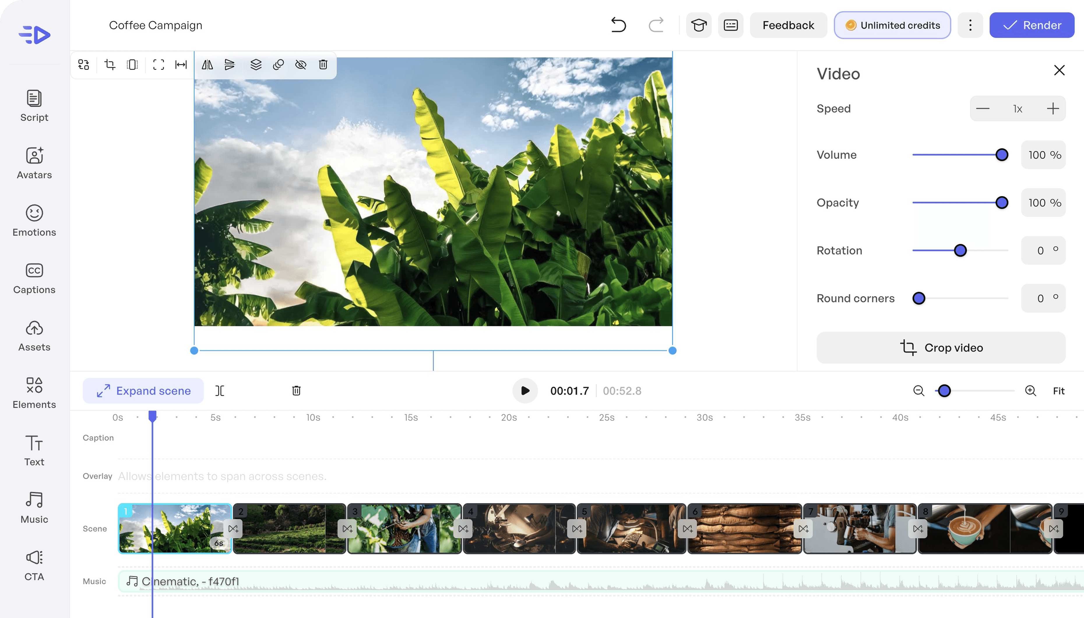 Video editing interface for "Coffee Campaign" featuring a scene timeline and adjustable video volume and opacity.