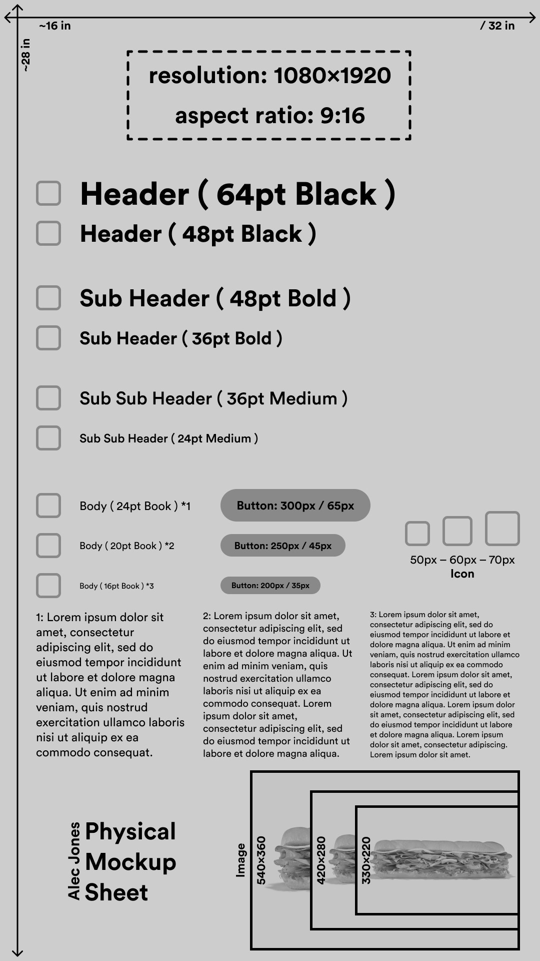 Mockup document used to measure visual elements found in the design.