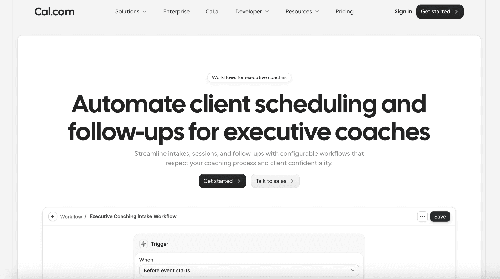 Screenshot of Cal.com's  executive coaching workflow with automated client scheduling and follow-ups