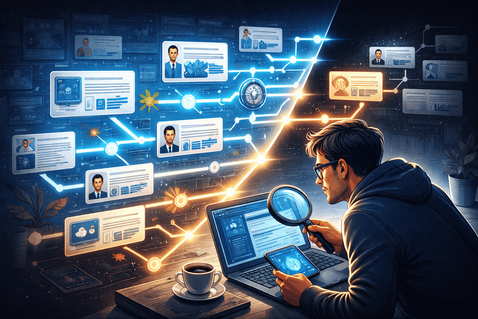 Illustration showing a Web3 project building credibility over time through a visible digital timeline of content, education, and proof before the token launch.