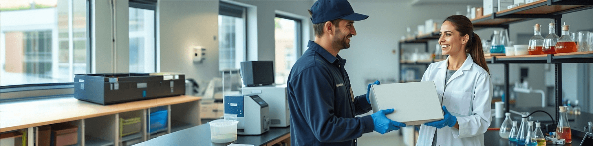 Repartidor de Pharmatech Prime entregando reactivos para análisis a una analista de laboratorio