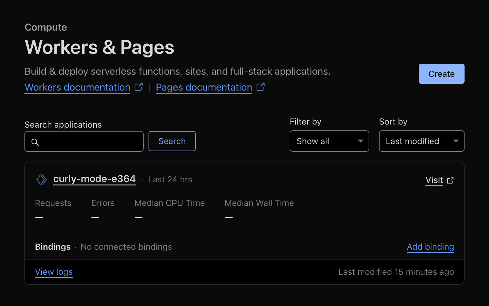 Cloudflare 控制台的“Workers & Pages”部分,展示创建和管理无服务器函数的界面。屏幕上显示一个名为“curly-mode-e364”的 worker,无活动请求、错误或性能指标,且无绑定连接。右上角有一个蓝色的“创建”按钮,以及添加绑定、查看日志和筛选应用的选项。界面采用 Cloudflare 的深色主题。