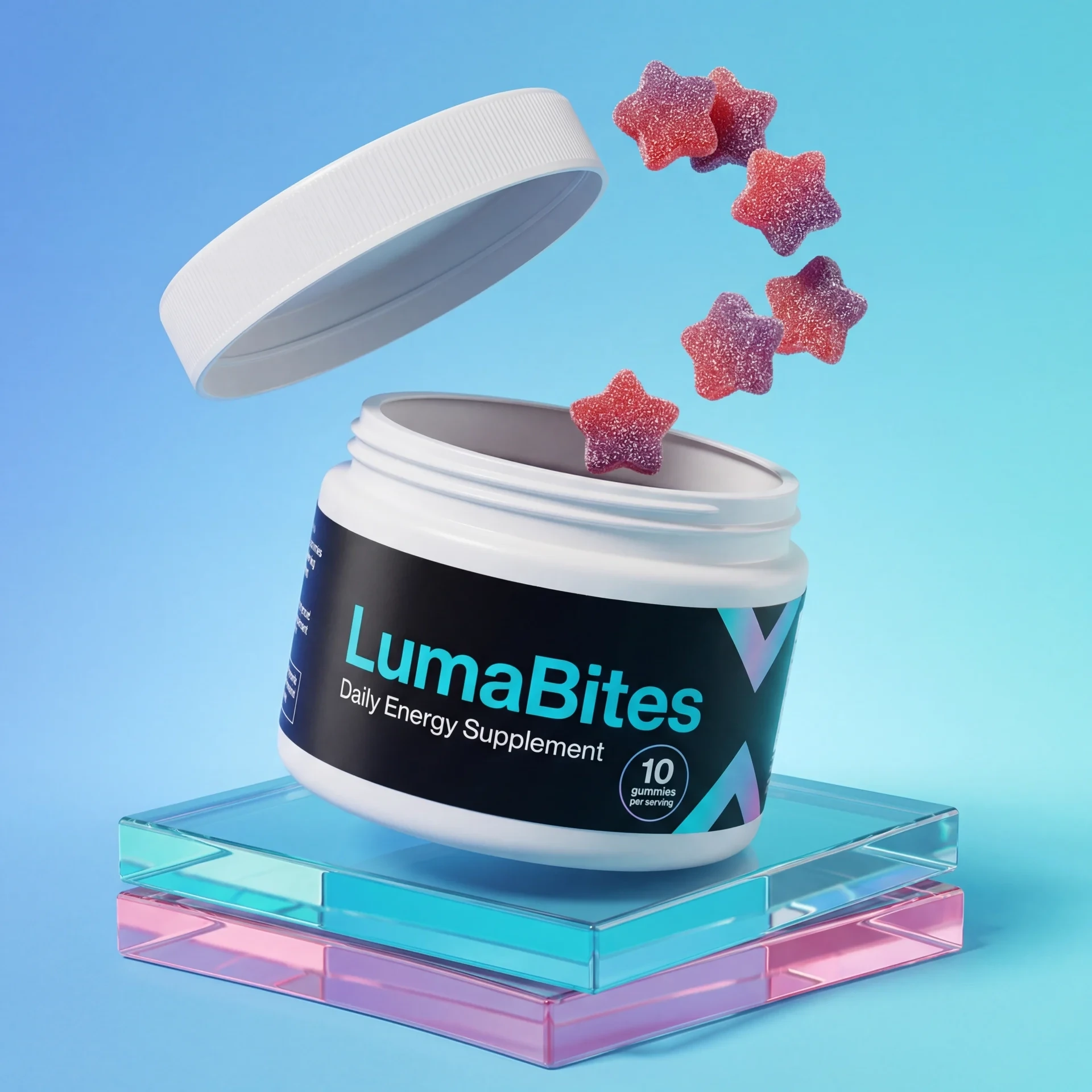 AI supplement product photography featuring open nutrition jar with floating gummies on acrylic platform for ecommerce branding