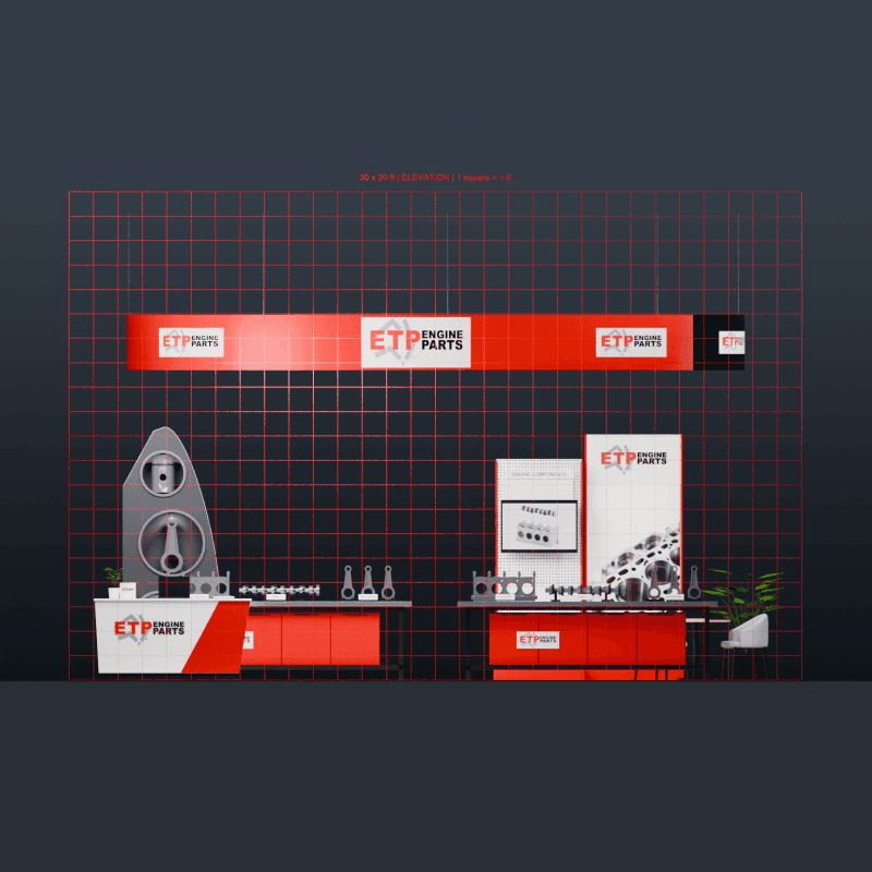 20x30 mechanical product exhibit for component inspection, technical presentations, and sales meetings