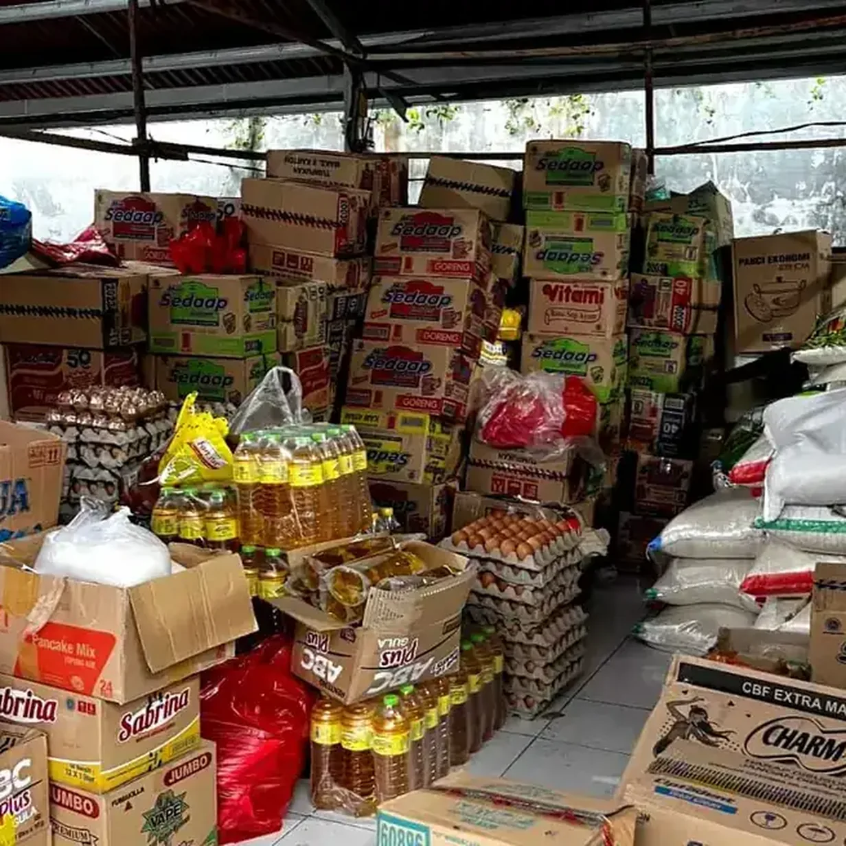 Food and supplies stacked for community distribution