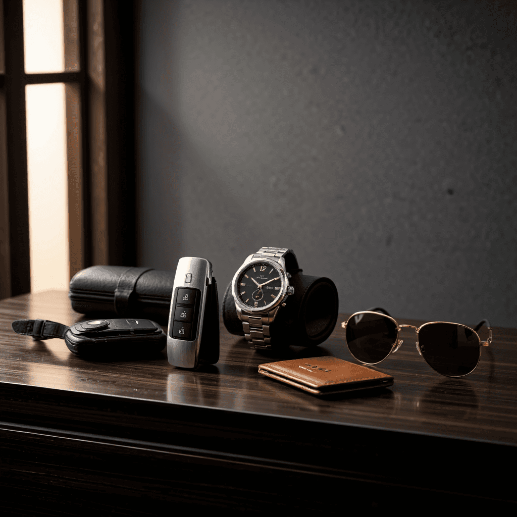 product photography of car key fob and accessories