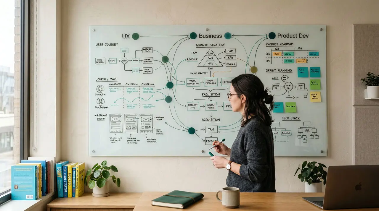 Tablero de planificación estratégica con diagramas de UX, investigación y gestión de proyectos en un entorno de trabajo moderno.