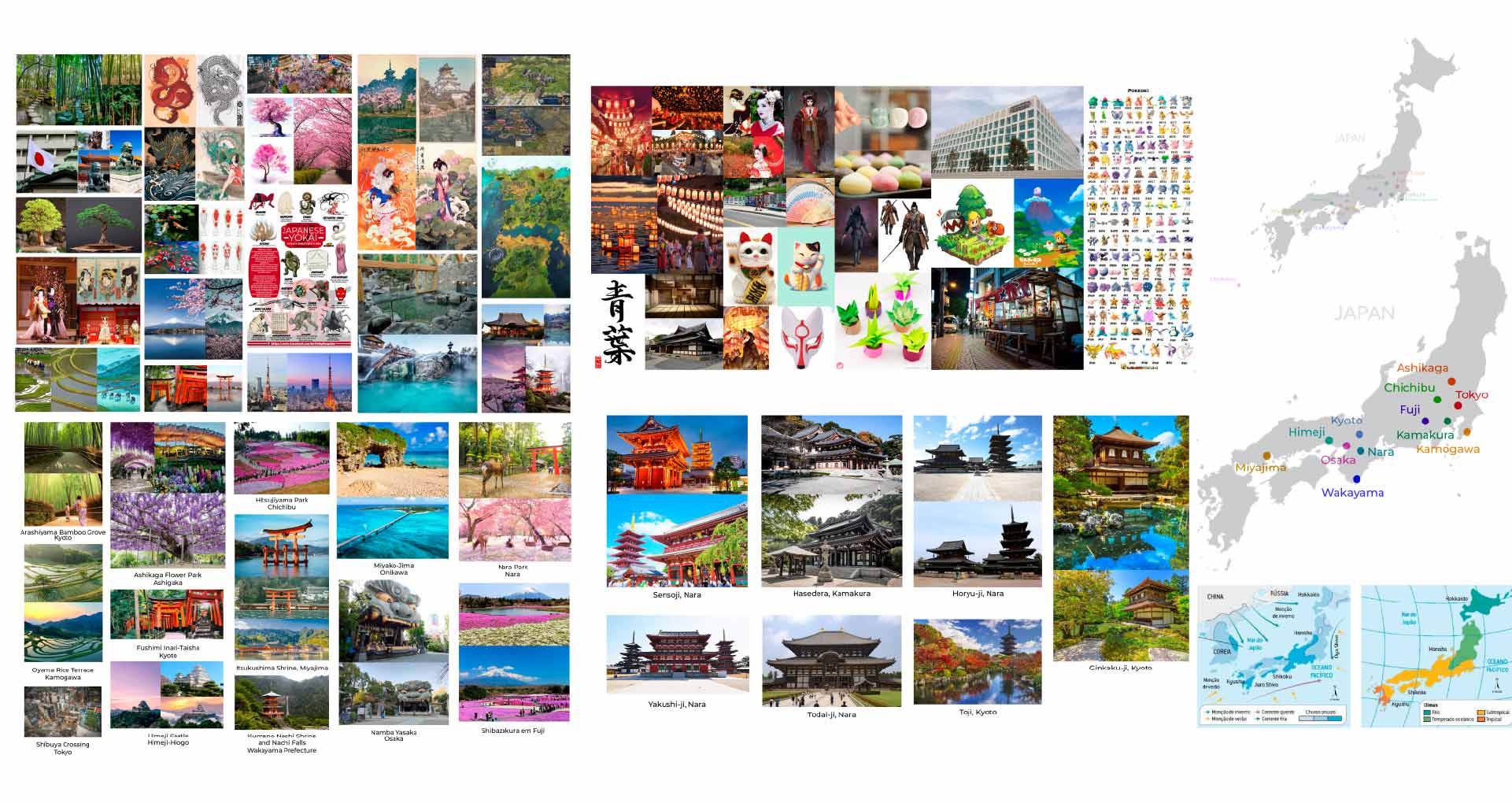 Kuizu reference board collecting Japanese landscapes, architecture, maps, creatures, and visual motifs.