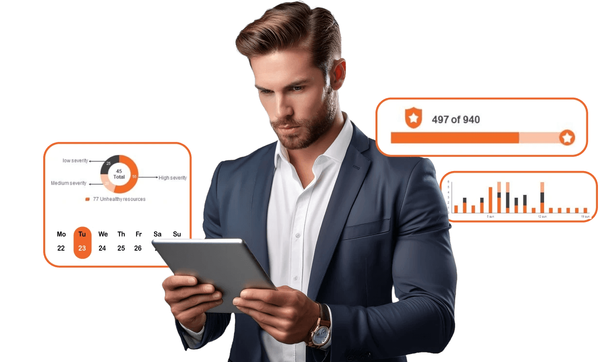 Male Hotel manager in grey jacket looing at tablet – with three orange stat UI tables behind him - hero image