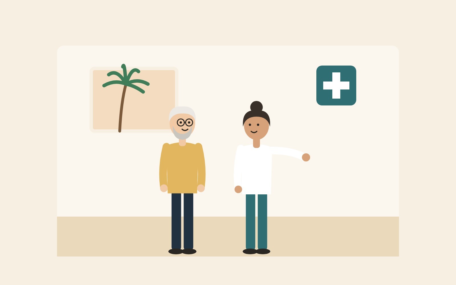 Illustration: an older man at a friendly clinic with a doctor