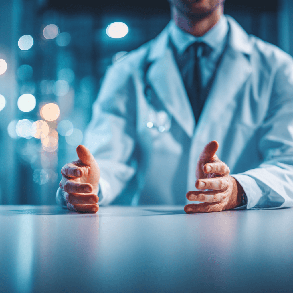 A doctor in a white lab coat, with a stethoscope around the neck, gestures with open hands on a table. The background is softly blurred, with a cool blue tone.