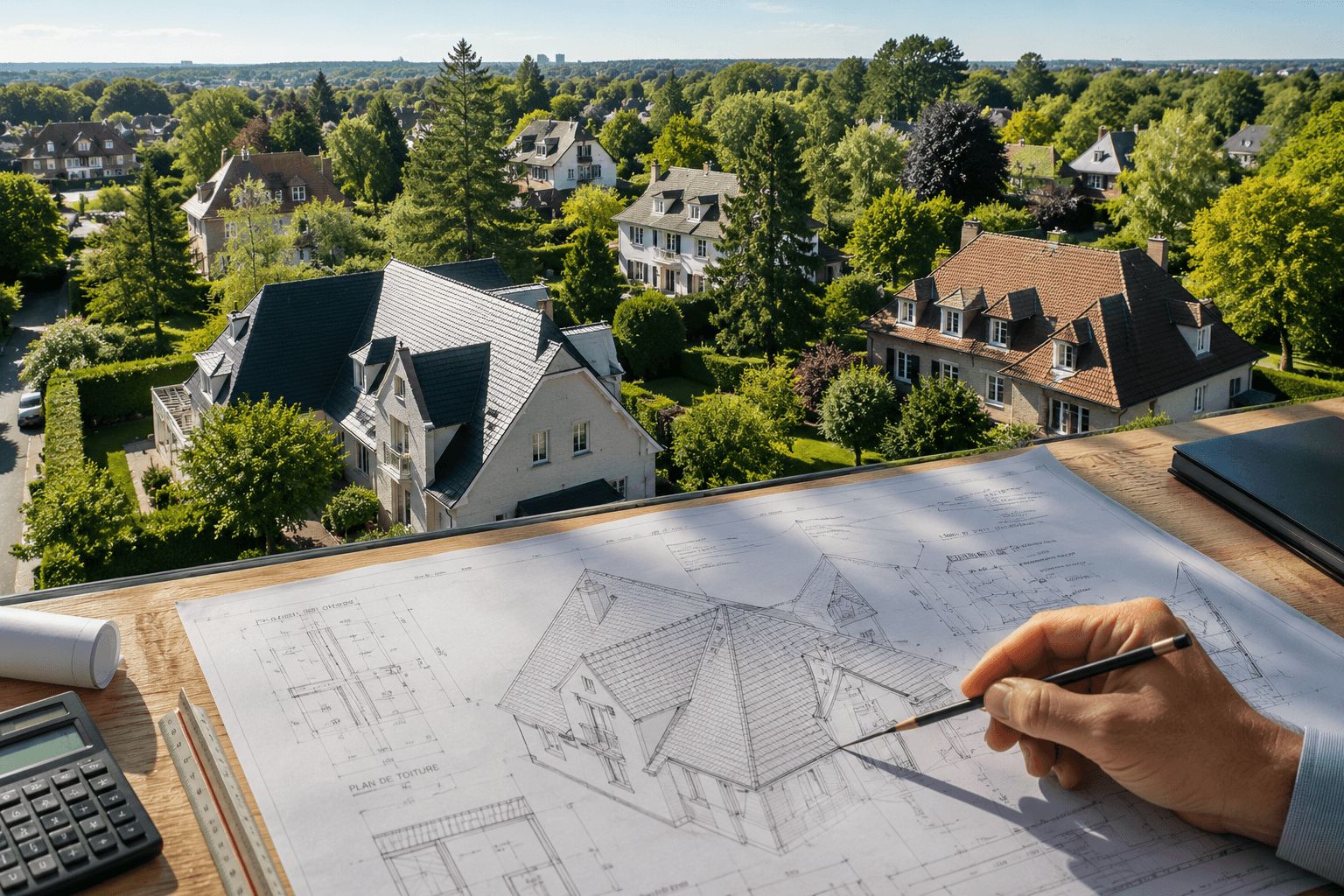 Vue aérienne d'un quartier résidentiel à Wezembeek-Oppem avec, au premier plan, un plan d'architecte détaillé pour symboliser le cadrage rigoureux d'un projet de toiture.