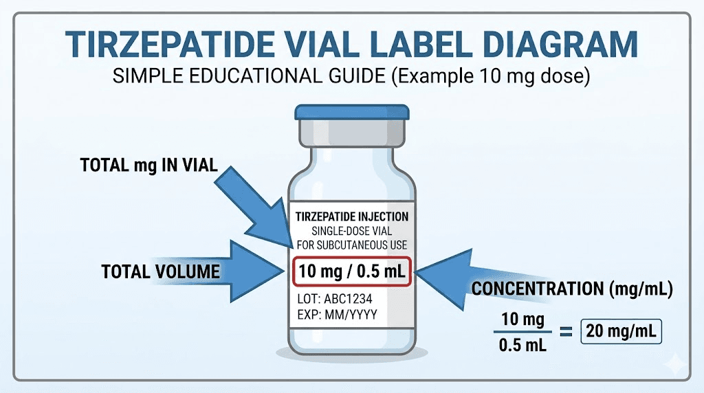 How to read a tirzepatide vial label for concentration and unit conversion