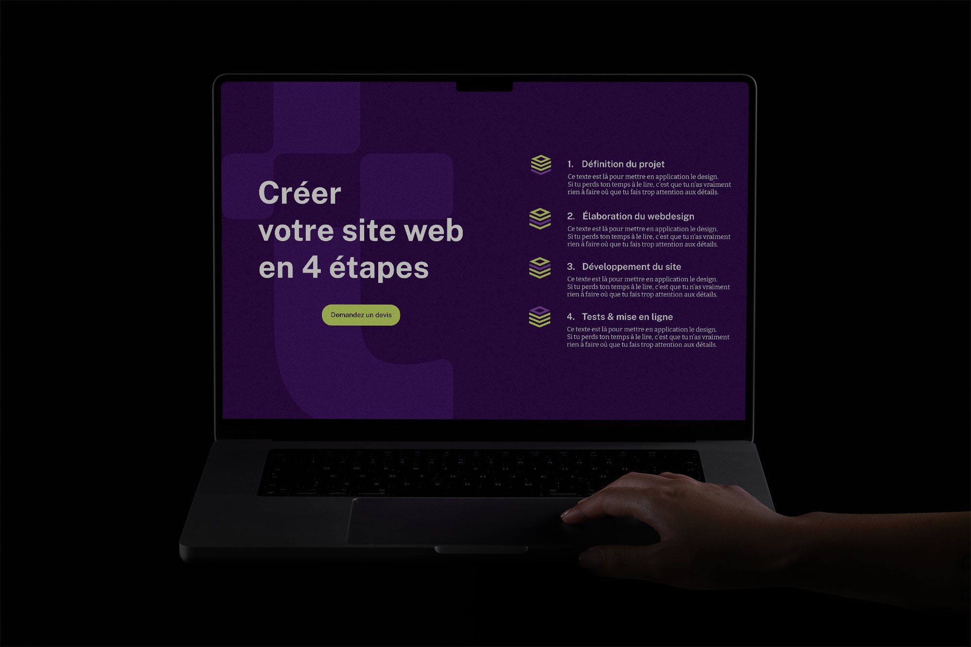 Identité visuelle de TC Agency déployée sur un site internet, ouvert sur un ordinateur portable.