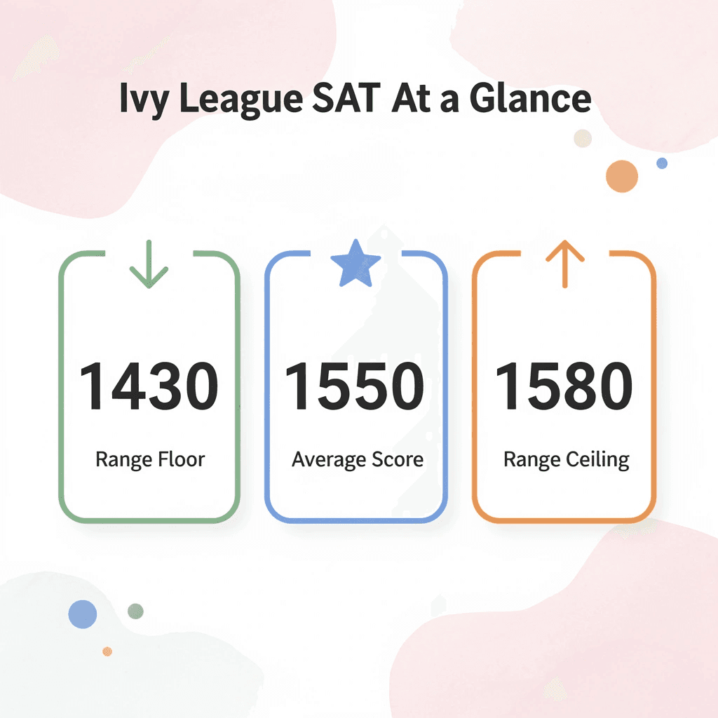 Infographic showing key SAT score statistics for Ivy League schools