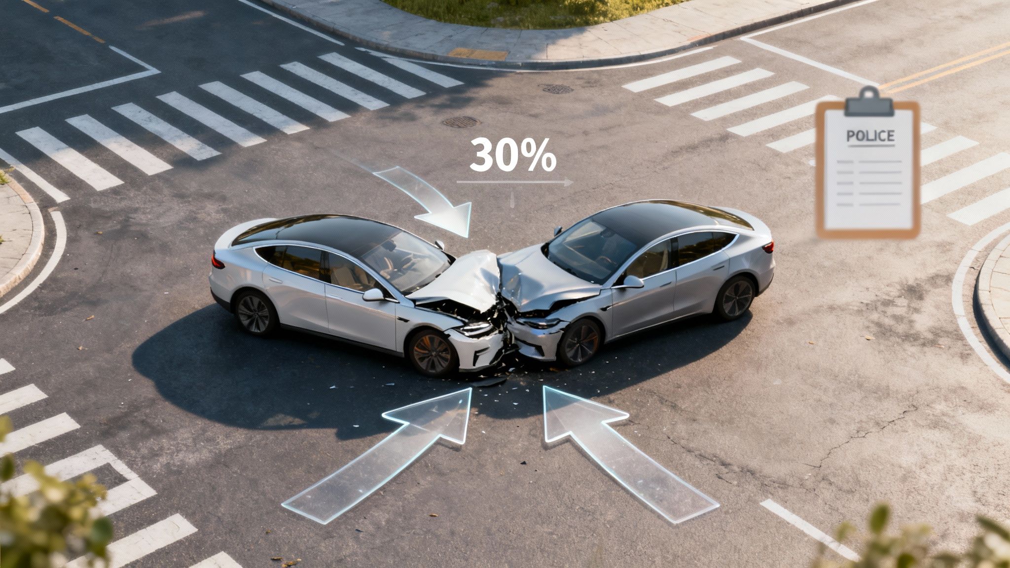 Two cars after a collision at an intersection, highlighting the concept of fault.