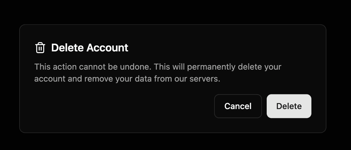 "delete account" alert UX