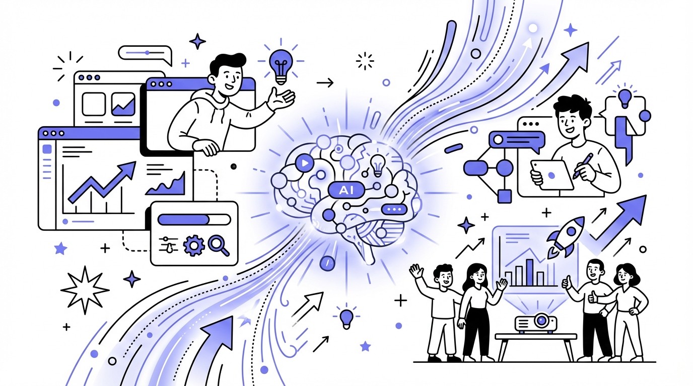 Illustration of a startup's rapid growth and efficiency, powered by a central, glowing AI system. Upward-trending graphs, speed lines, and interconnected data streams emanate from the AI core, symbolizing acceleration and seamless operations within a modern, tech-focused environment.