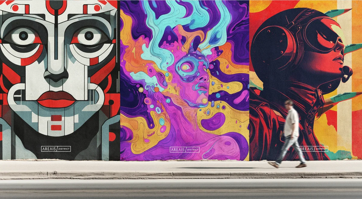 AREA15 environmental mural with vivid abstract artwork across a wall