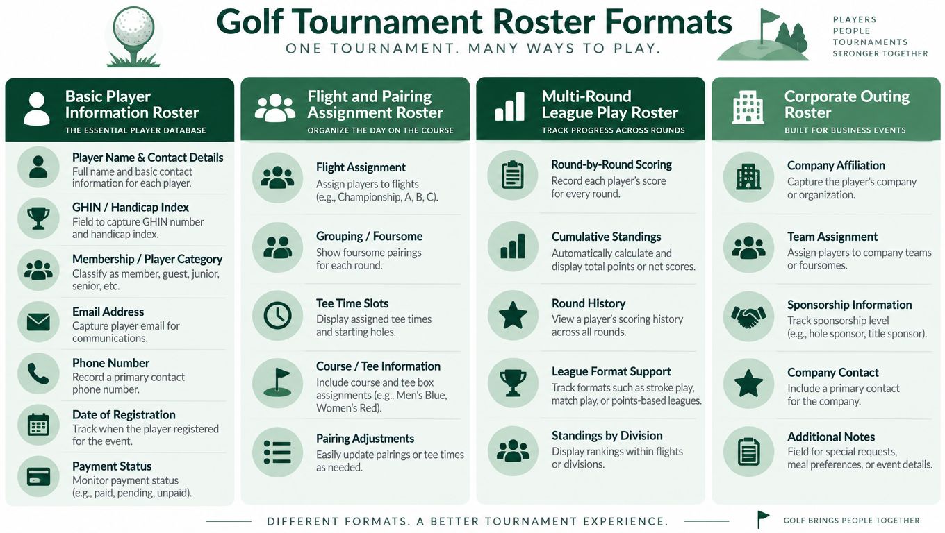 A visual guide outlining four different golf tournament roster formats to help organize players and events.