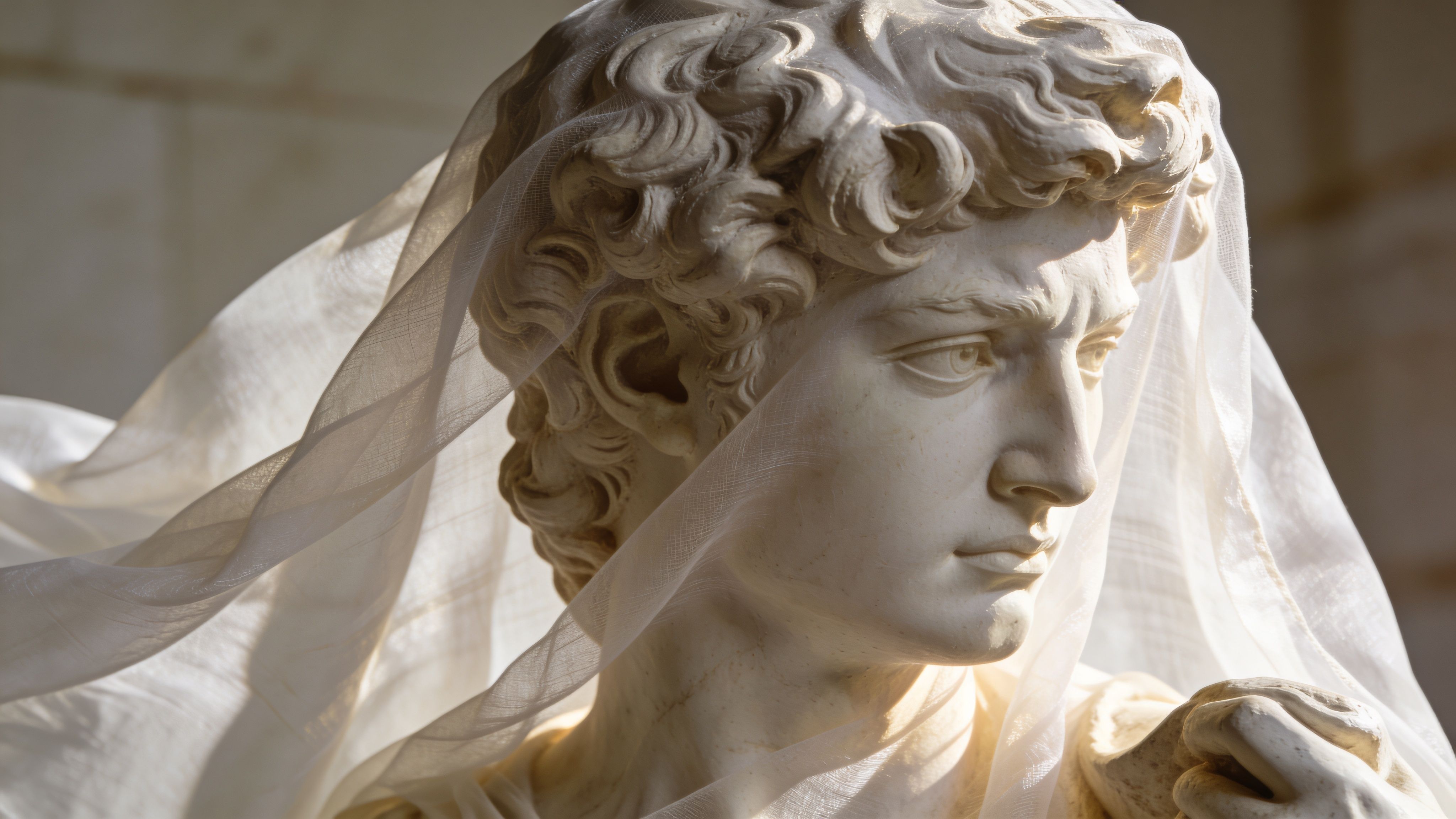 A classic marble sculpture of a man wearing a translucent veil over his head and face.