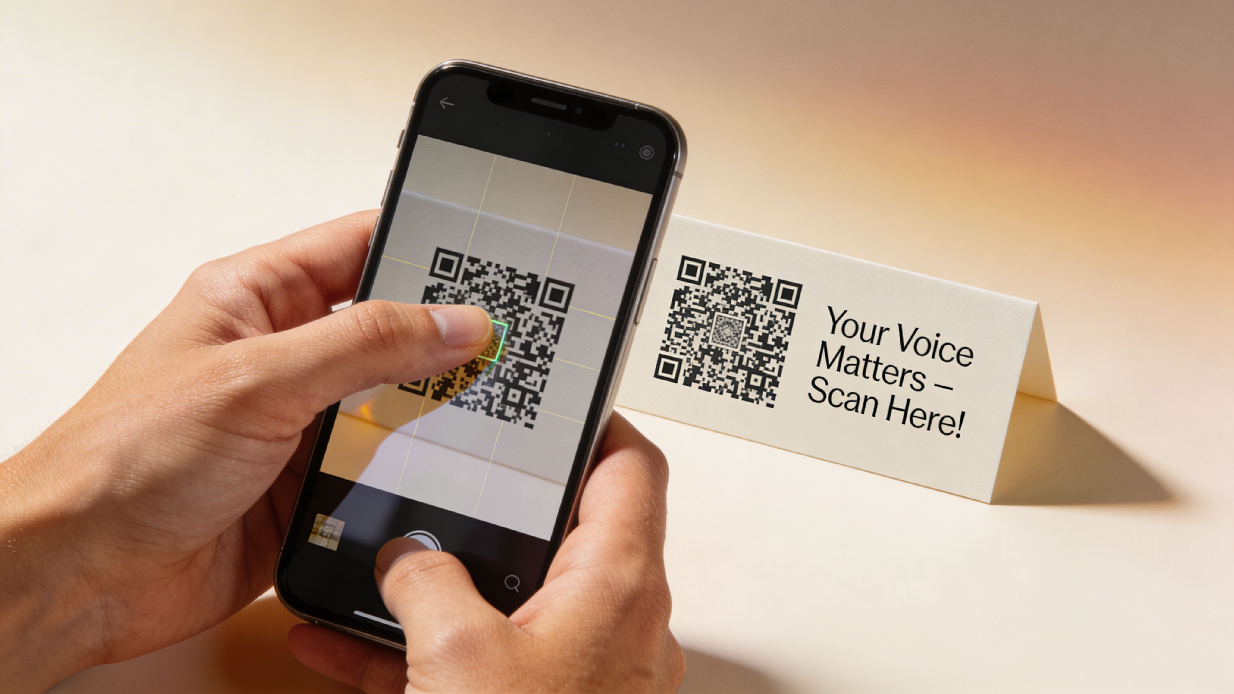 A person uses a smartphone to scan a QR code on a card for customer feedback.