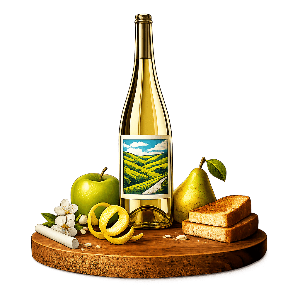 Artistic label and flavor profile for Hampshire Sparkling Wine on a rustic wooden table.