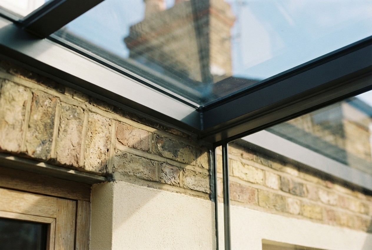 Detail of reclaimed london stock brick and glazed roof in slim aluminium