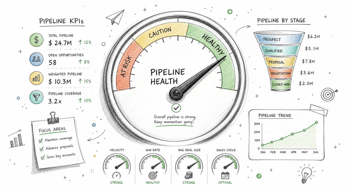 A hand-drawn business dashboard visualization showing sales pipeline KPIs, health gauge, and funnel stages.