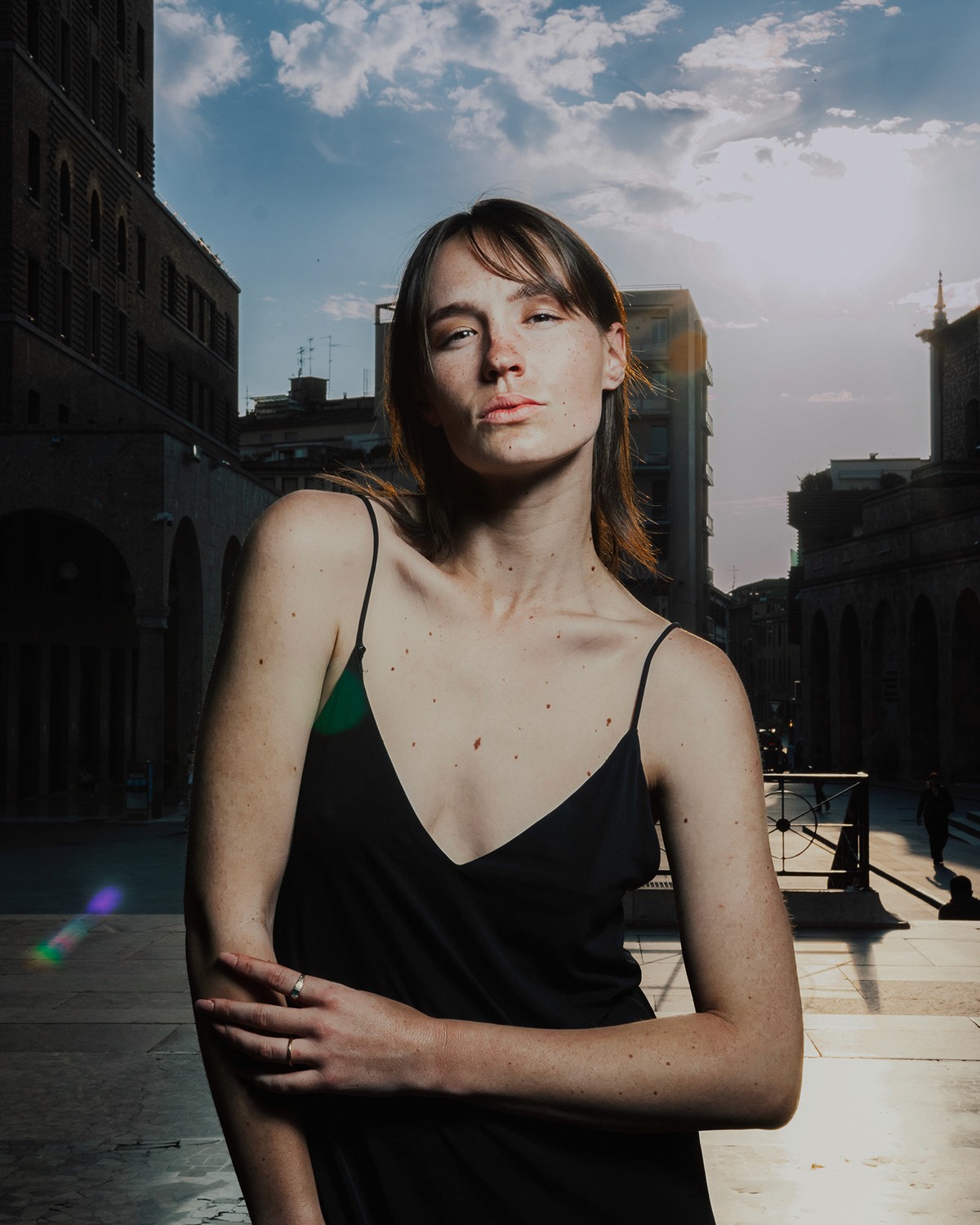 Woman portrait on red background