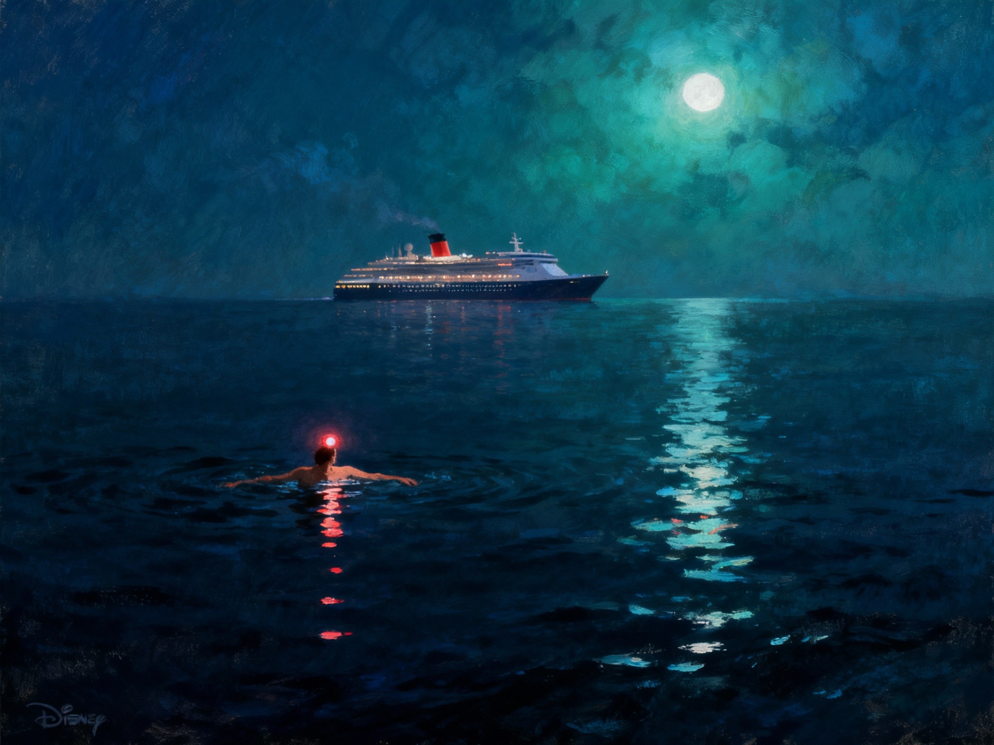 A fine-art illustration in a format portraying an ethereal nighttime scene with a Disney cruise ship