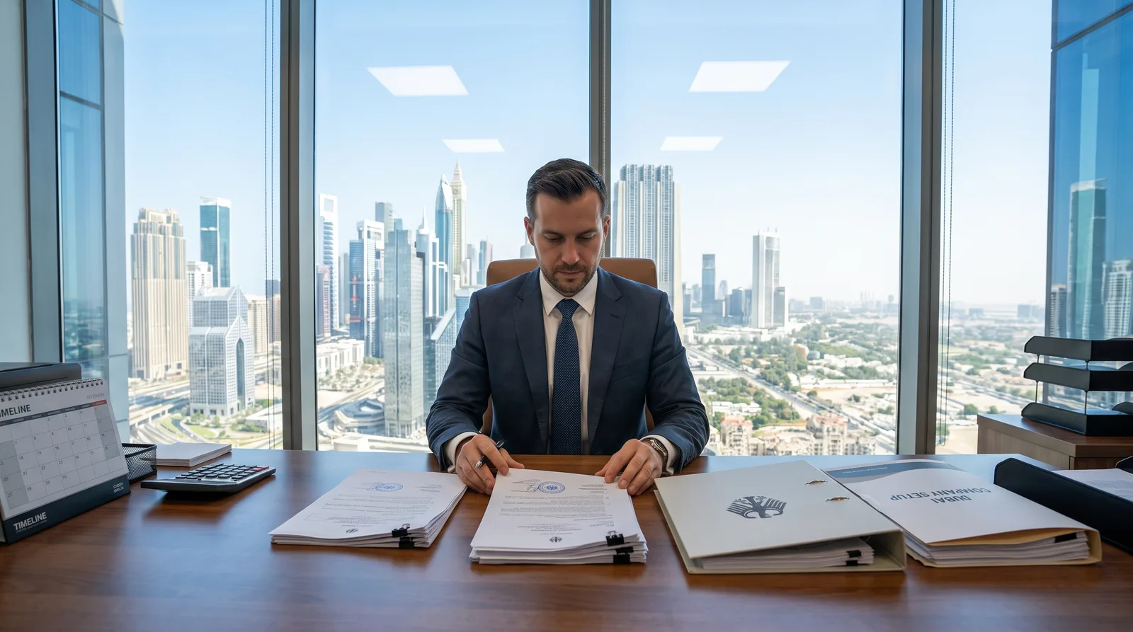 German founder organising attestation documents for a Dubai company at a modern desk