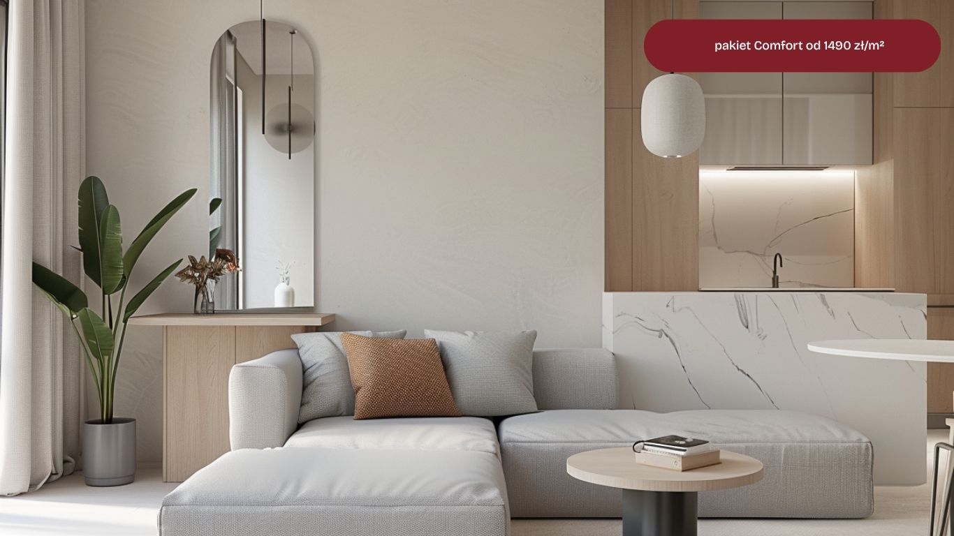 Grafika z hasłem 'Jeden zespół' na tle rozmytego wnętrza salonu. Widoczne są cztery etykiety z ikonami opisujące zakres usług: architekt, wykonawcy, materiały oraz logistyka.