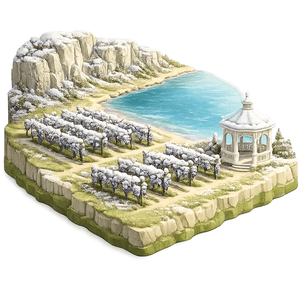 Artistic illustration of the Niagara Peninsula, ON wine region.